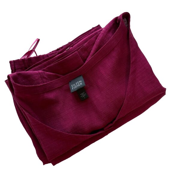 Eileen Fisher L Raspberry Red Linen Blend Short Sleeve Top Wide Leg Pants Set - Picture 5 of 13